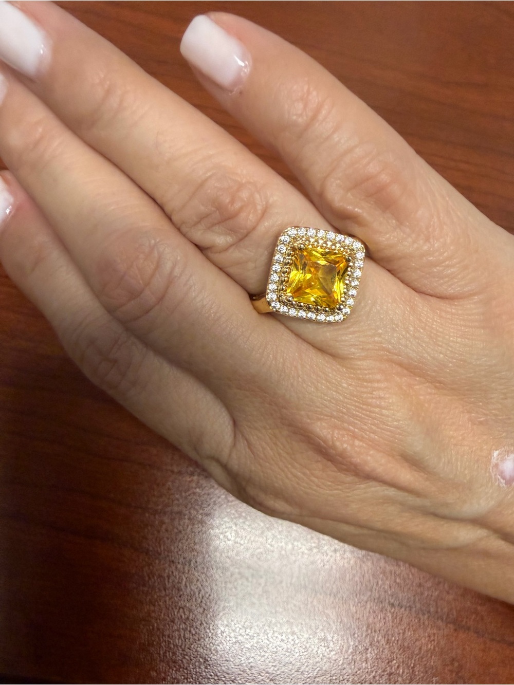 Gold Ring with Square Citrine-Cut Yellow Stone and Halo Accent